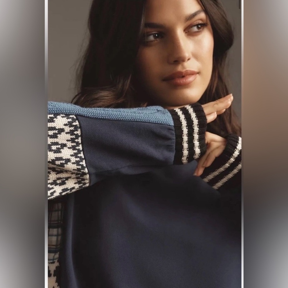 Pilcro/Anthropologie Mixed Media Sweatshirt in Blue Pattern Size M. NWT - Picture 3 of 12